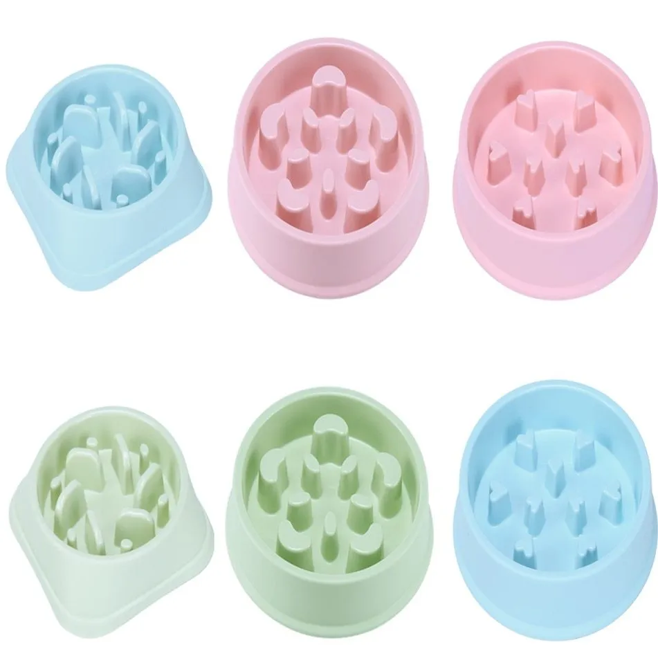 Blue plastic pet bowl with anti-choking slow feeding puzzle pattern for dogs and cats