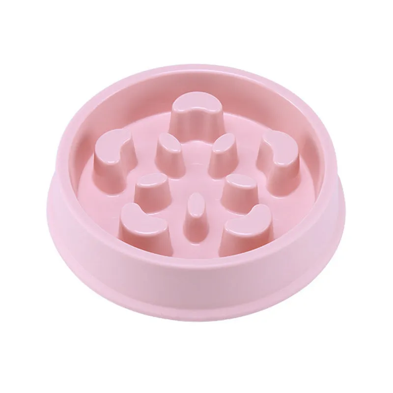 Blue plastic pet bowl with anti-choking slow feeding puzzle pattern for dogs and cats