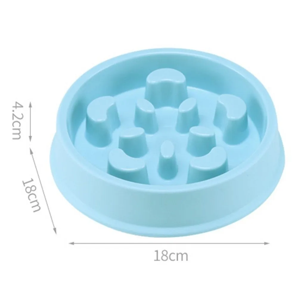 Blue plastic pet bowl with anti-choking slow feeding puzzle pattern for dogs and cats