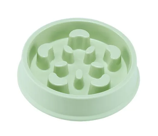 Blue plastic pet bowl with anti-choking slow feeding puzzle pattern for dogs and cats
