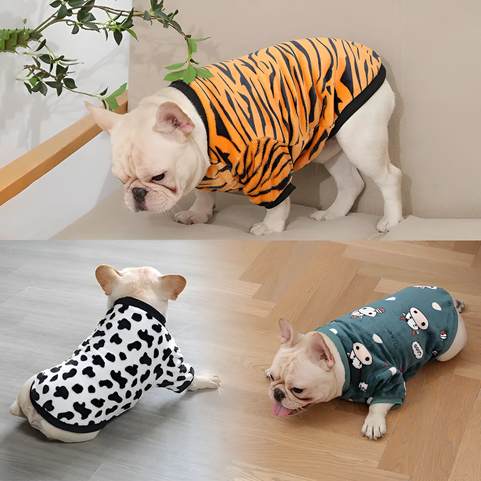 Fleece pet sweater in Chinese style, dark green cow pattern, on a small dog, size S