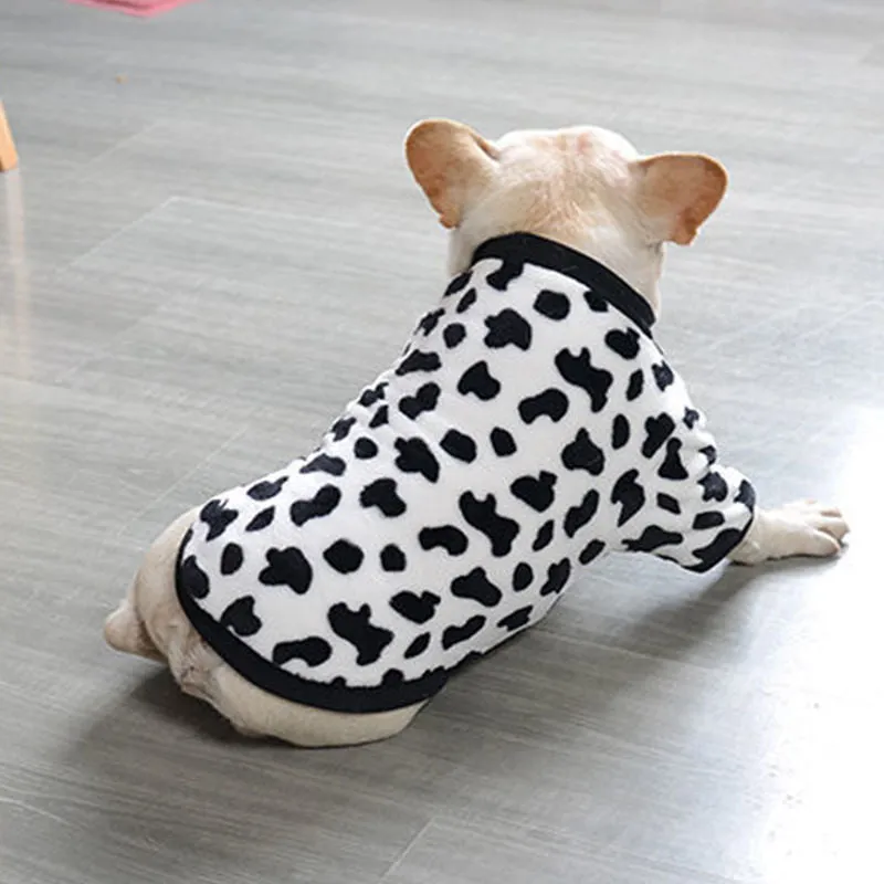 Fleece pet sweater in Chinese style, dark green cow pattern, on a small dog, size S