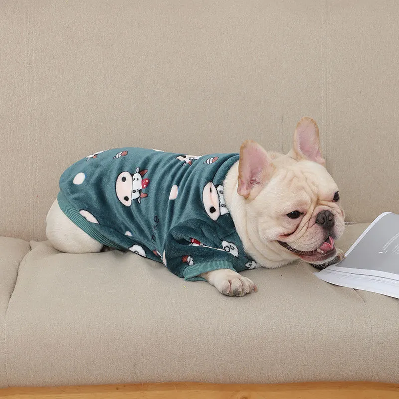 Fleece pet sweater in Chinese style, dark green cow pattern, on a small dog, size S