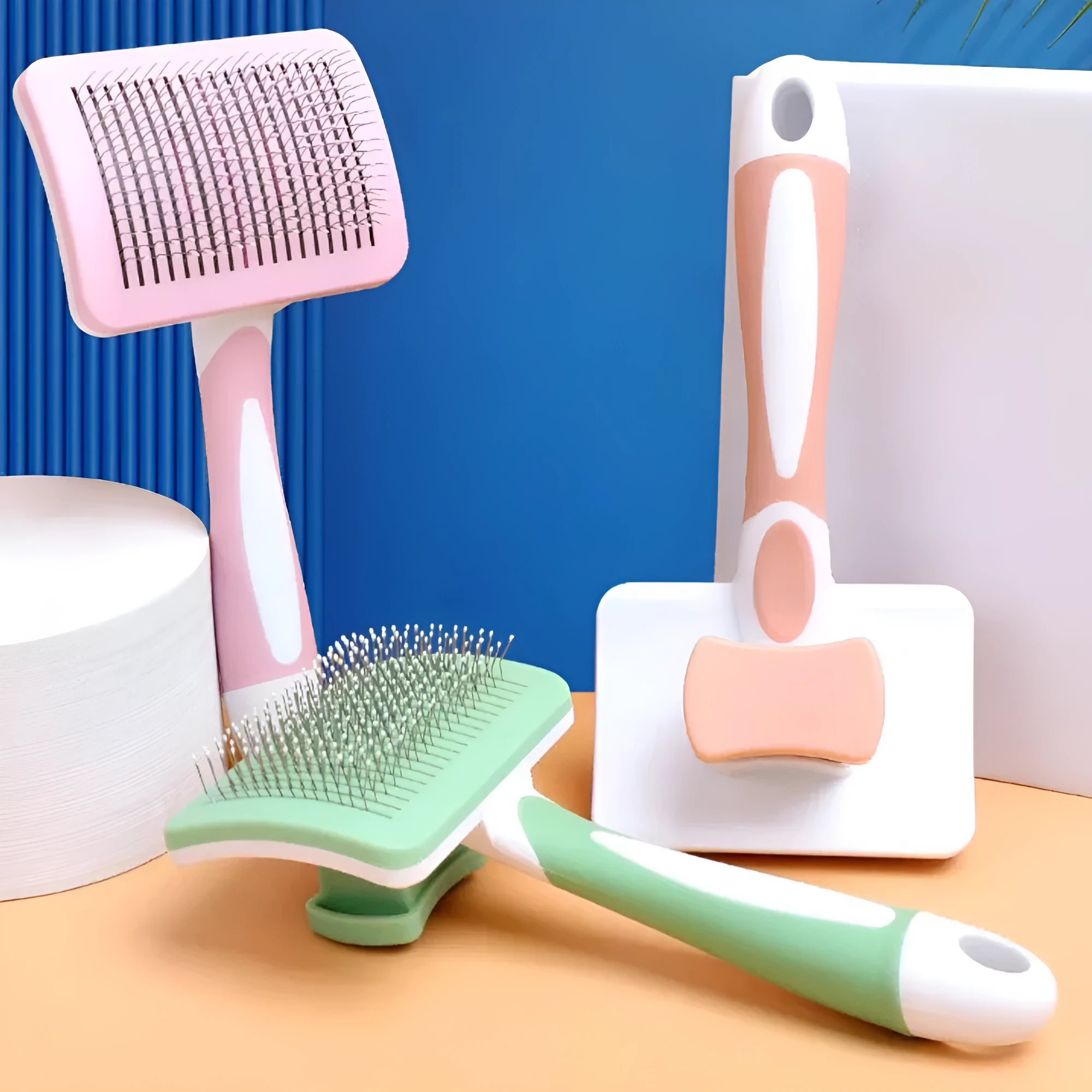 Self cleaning slicker brush for dogs cats with one click button in green orange pink