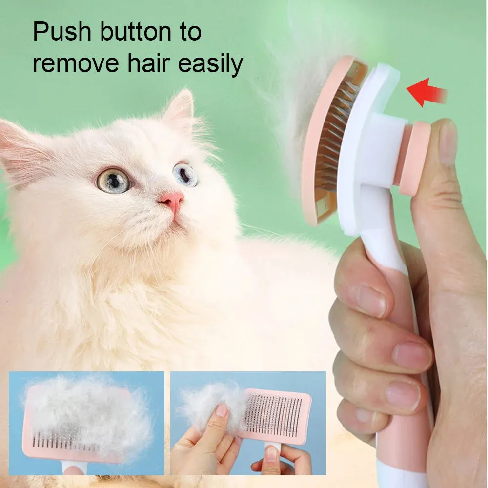 Self cleaning slicker brush for dogs cats with one click button in green orange pink