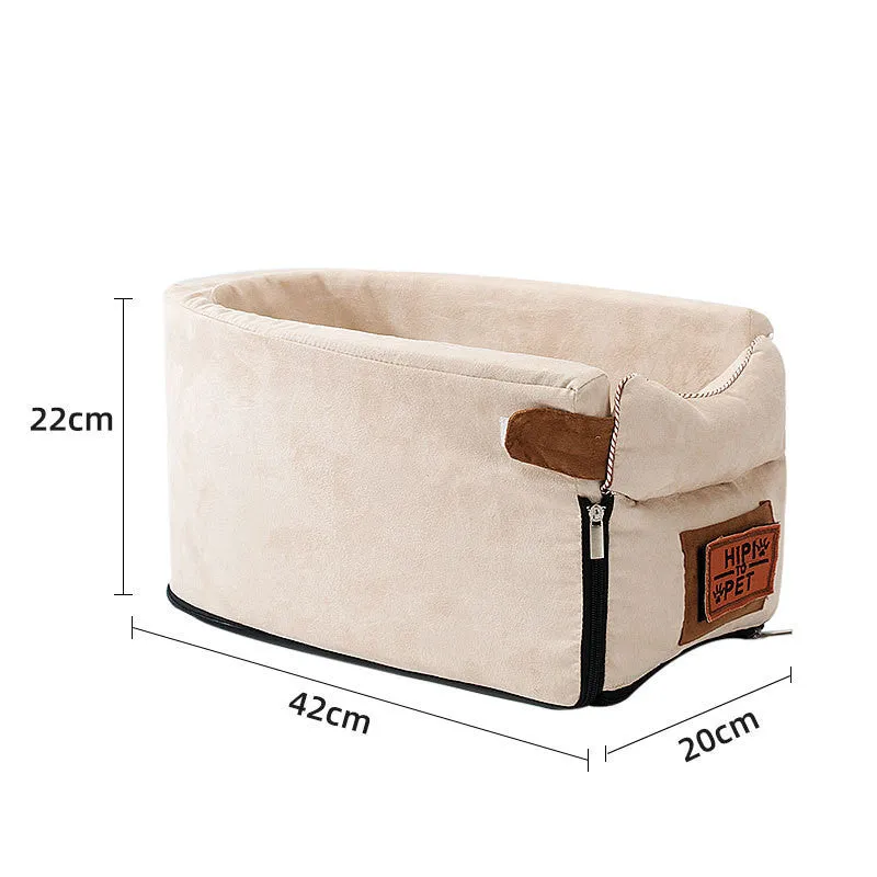 Gray car pet bed with adjustable pillow on car seat for dogs and cats