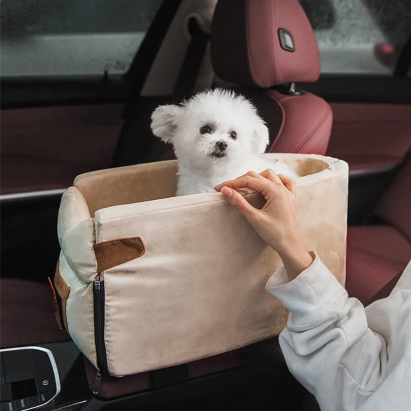 Gray car pet bed with adjustable pillow on car seat for dogs and cats