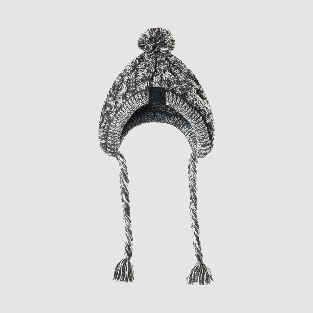 Acrylic knit dog hat with fluffy ball decoration in grey, side view showing knitting pattern