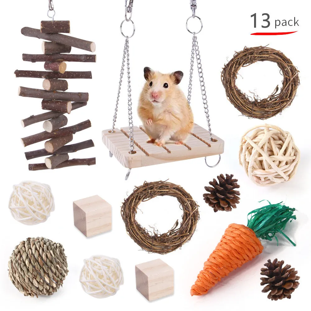 Assorted wooden chew toys and natural material sets for pet rabbits, guinea pigs, and parrots