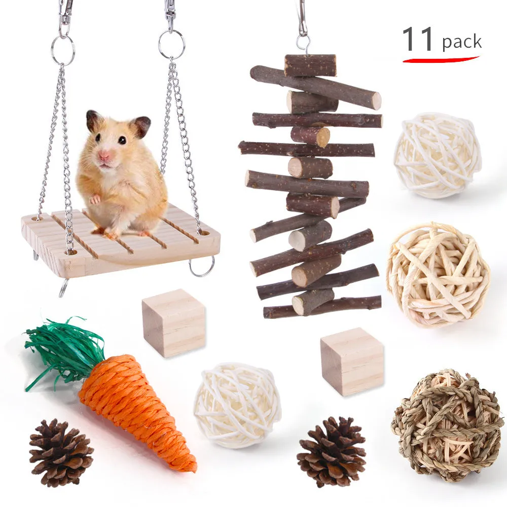 Assorted wooden chew toys and natural material sets for pet rabbits, guinea pigs, and parrots