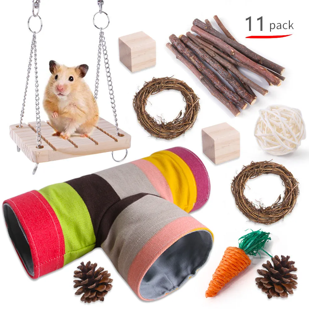 Assorted wooden chew toys and natural material sets for pet rabbits, guinea pigs, and parrots