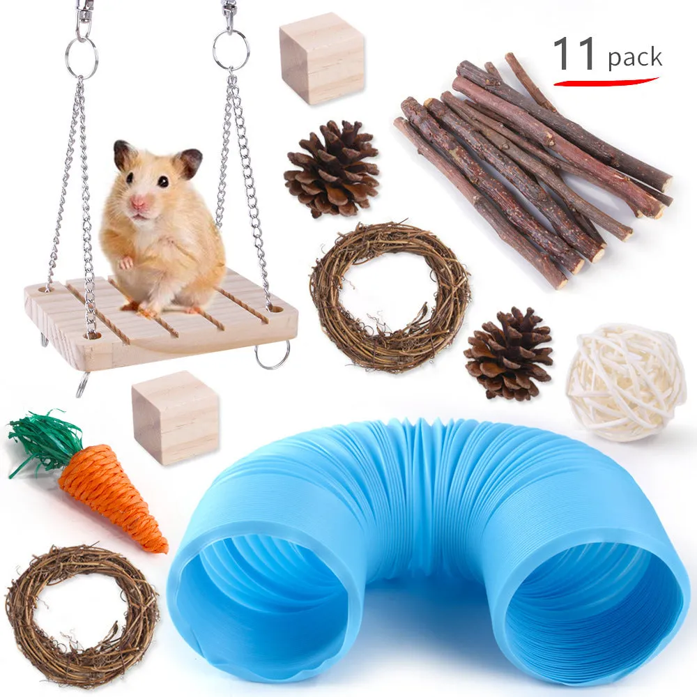 Assorted wooden chew toys and natural material sets for pet rabbits, guinea pigs, and parrots