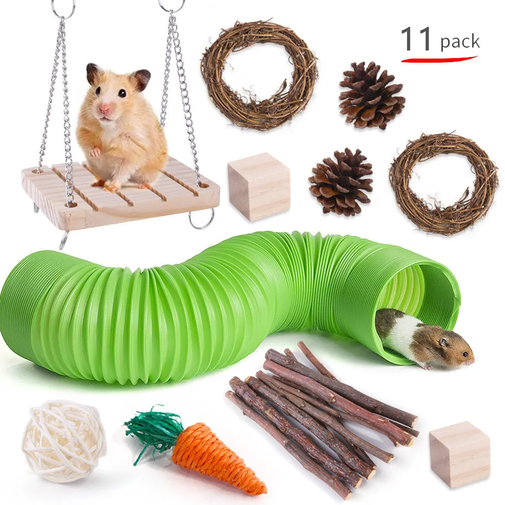 Assorted wooden chew toys and natural material sets for pet rabbits, guinea pigs, and parrots