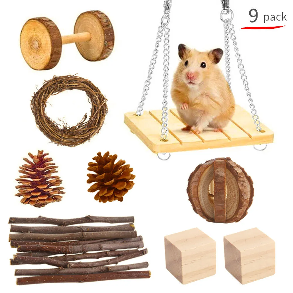 Assorted wooden chew toys and natural material sets for pet rabbits, guinea pigs, and parrots