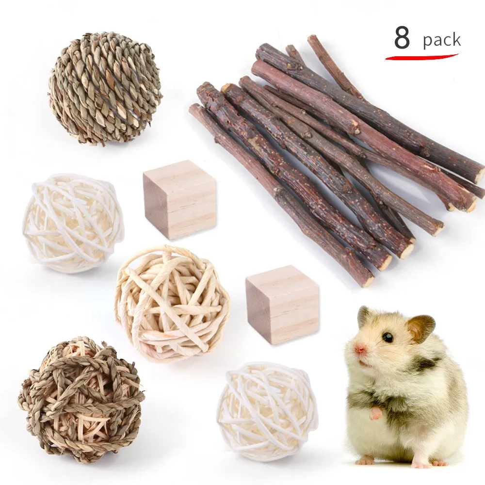 Assorted wooden chew toys and natural material sets for pet rabbits, guinea pigs, and parrots
