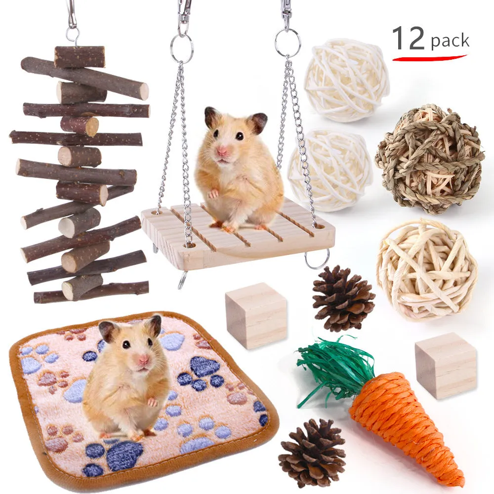 Assorted wooden chew toys and natural material sets for pet rabbits, guinea pigs, and parrots