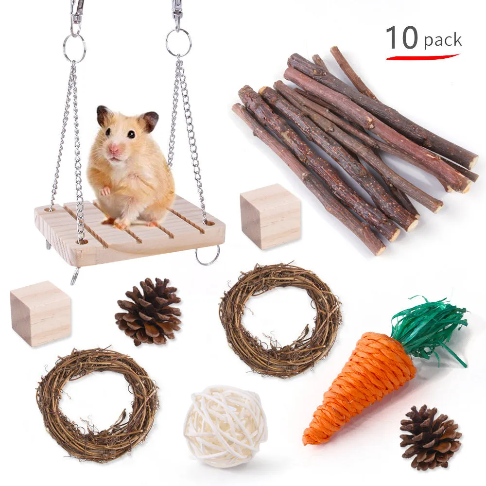 Assorted wooden chew toys and natural material sets for pet rabbits, guinea pigs, and parrots
