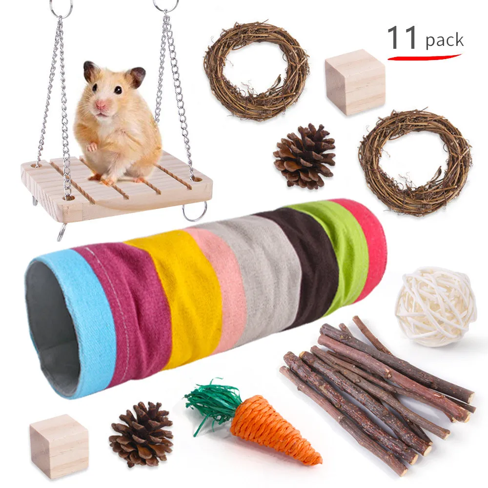 Assorted wooden chew toys and natural material sets for pet rabbits, guinea pigs, and parrots