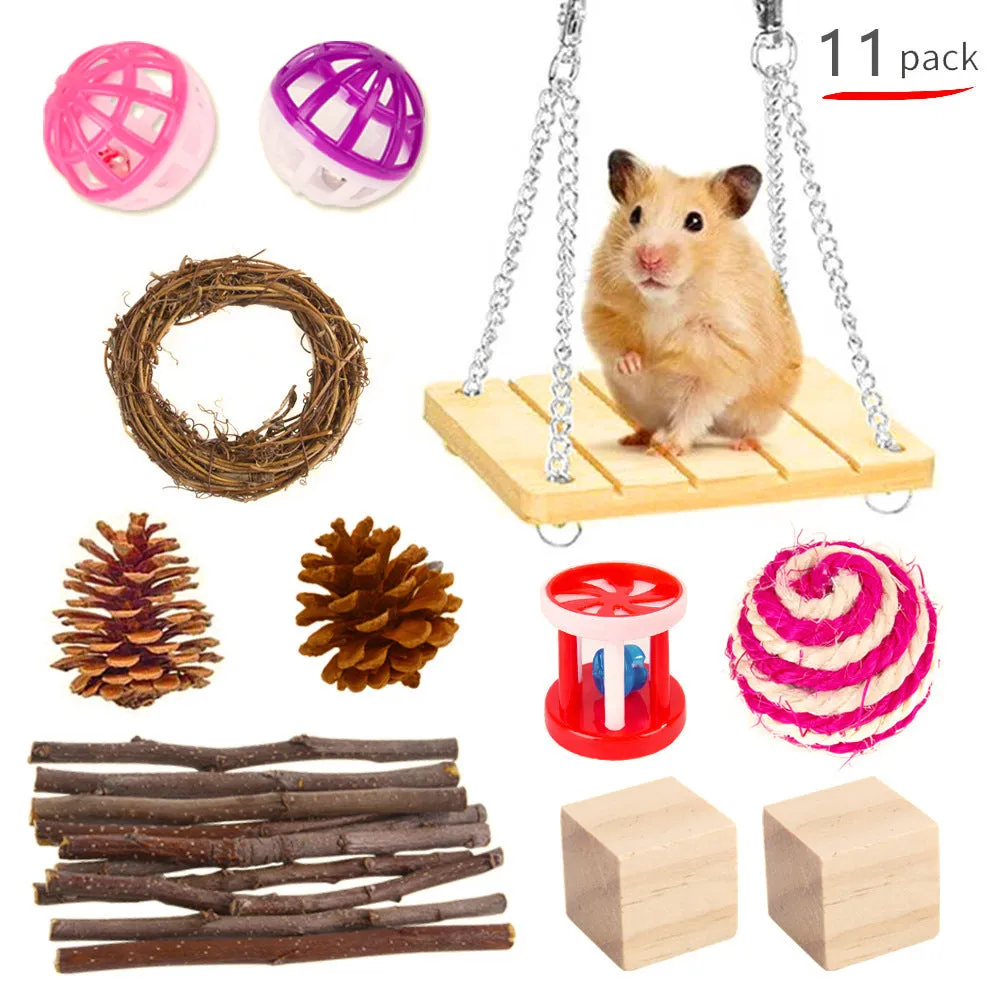 Assorted wooden chew toys and natural material sets for pet rabbits, guinea pigs, and parrots
