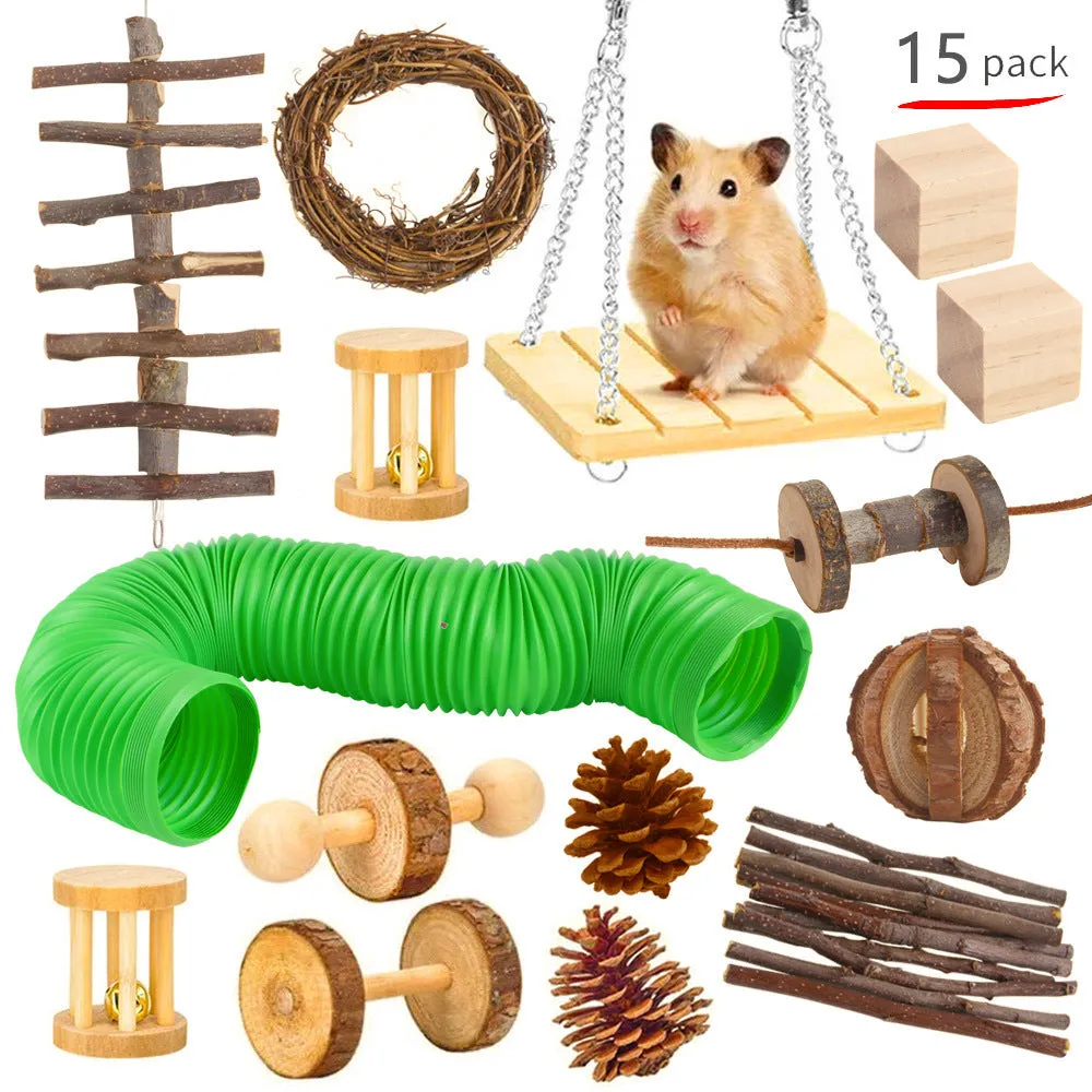 Assorted wooden chew toys and natural material sets for pet rabbits, guinea pigs, and parrots
