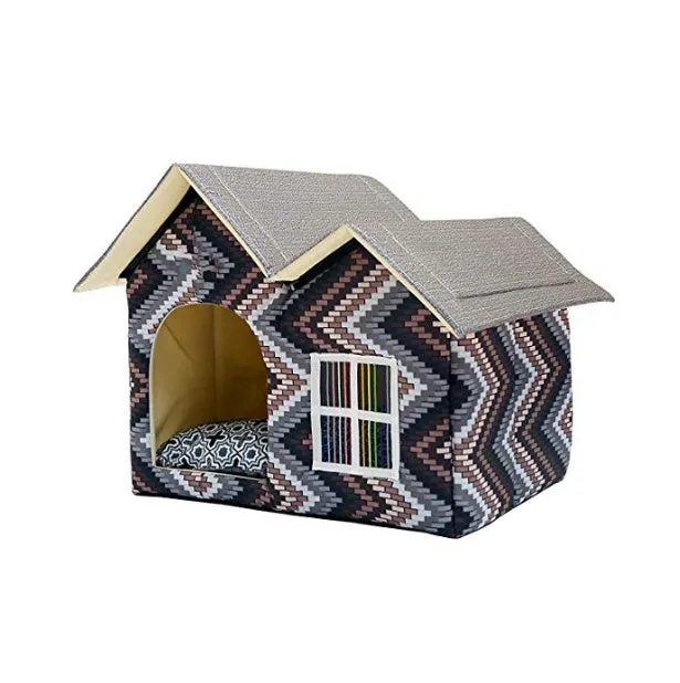 Double top pet house in dark brown corduroy with waterproof Oxford cloth, 55x40x42cm dimensions