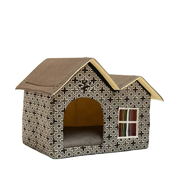Double top pet house in dark brown corduroy with waterproof Oxford cloth, 55x40x42cm dimensions