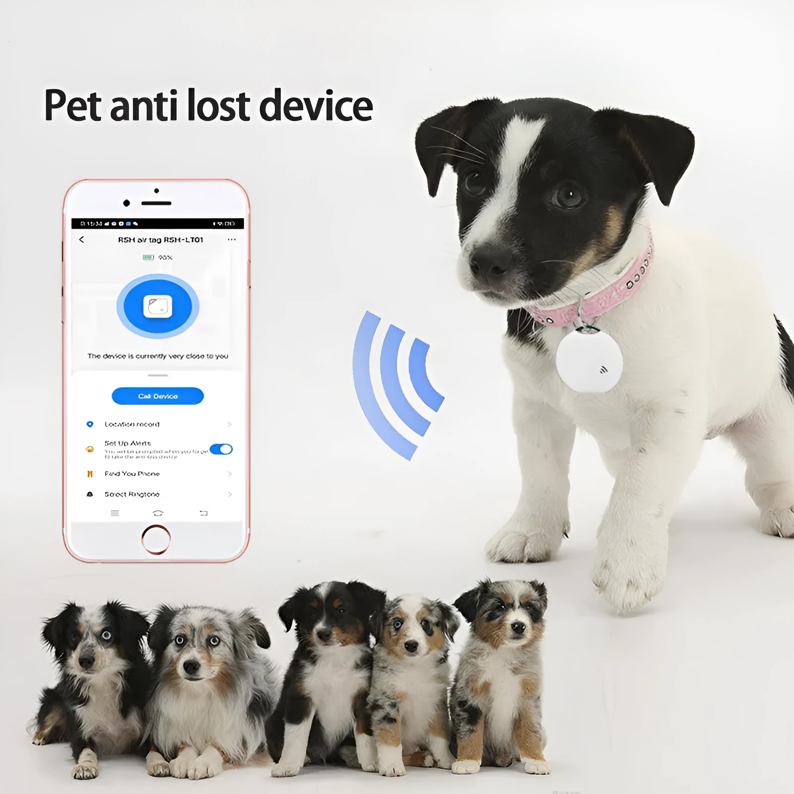 White plastic Bluetooth pet tracker with collar attachment, 40x40x10mm, for dogs and cats