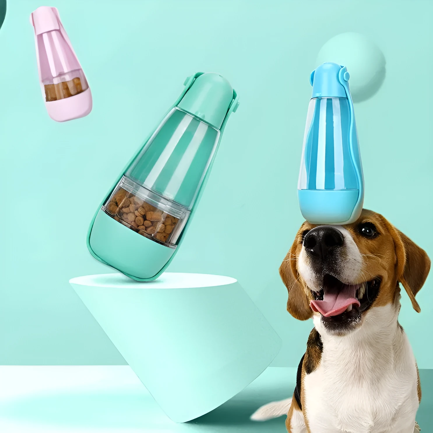 Portable pet food and water bottle in ABS+PET, 83x83x203mm, with eight colour options including Macaron Powder, Avocado Green, Tiffany Blue