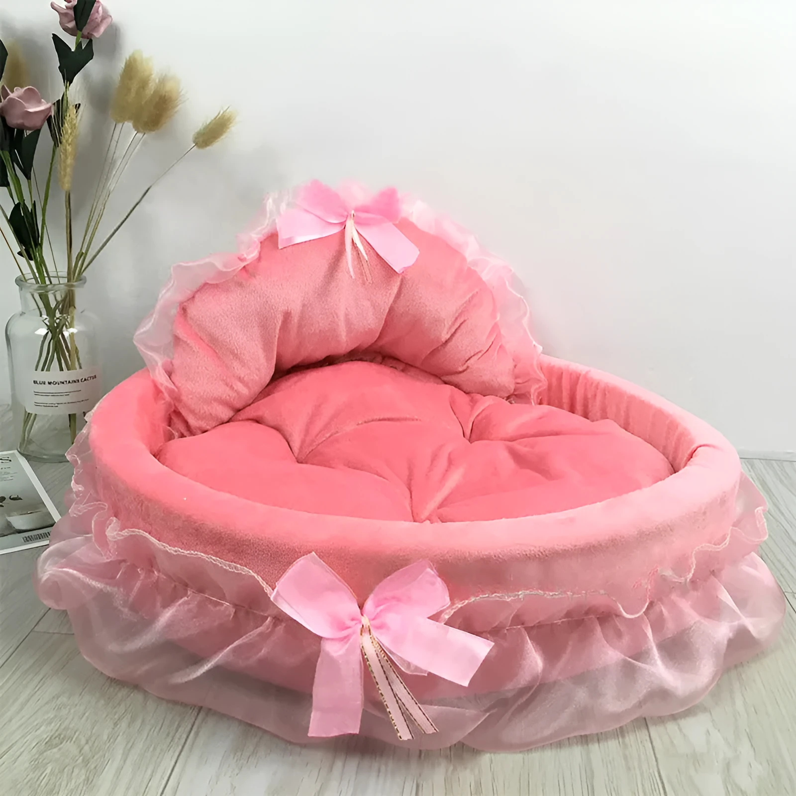 Soft cloth pet bed in pink with raised rim for small dogs and cats, size S 40x45x12 cm