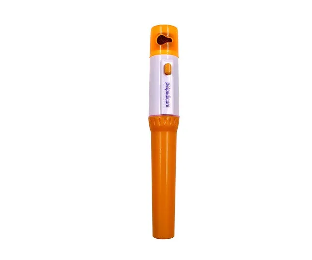 Yellow and white plastic electric pet nail grinder with three replaceable filing wheels and button