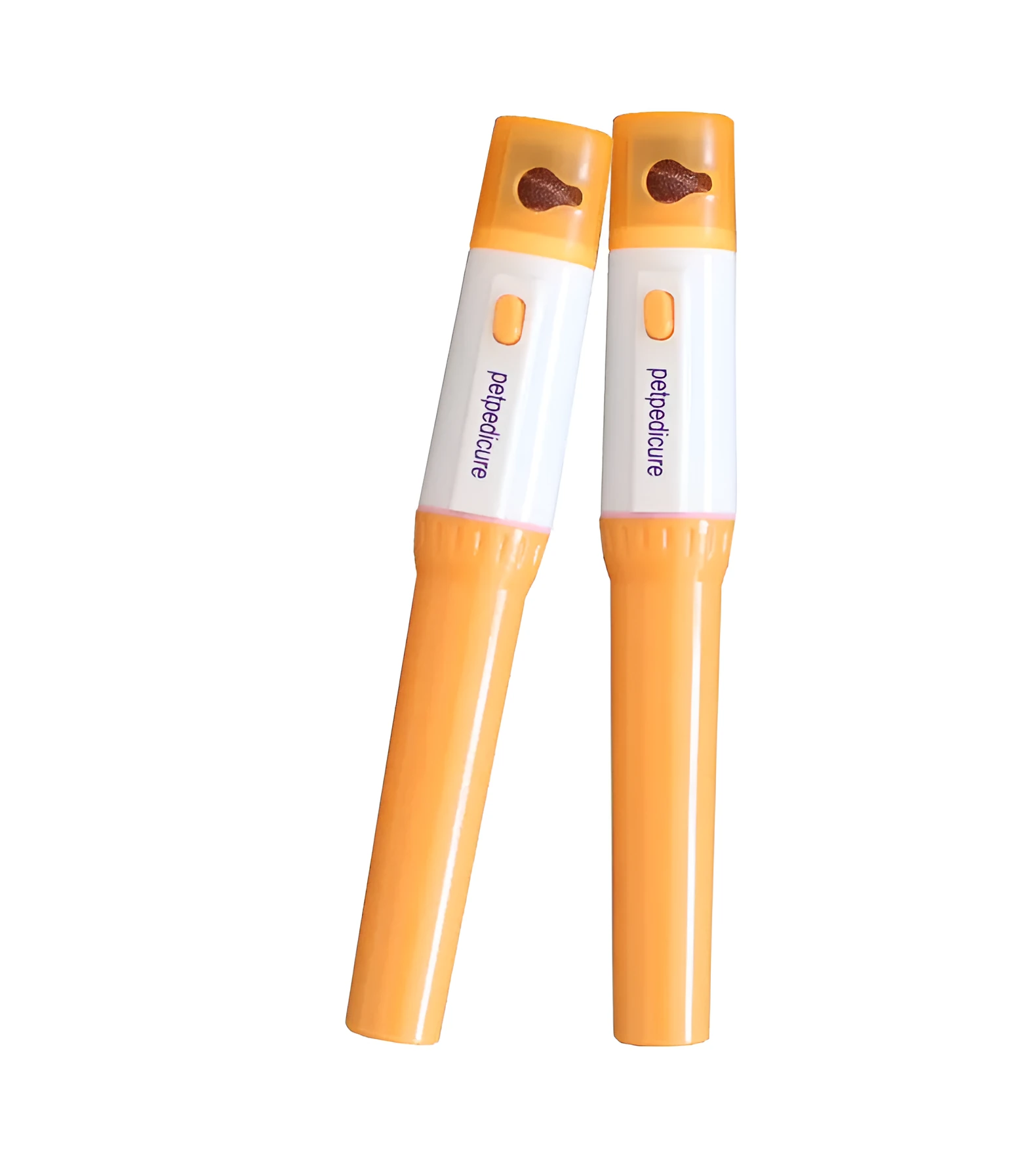 Yellow and white plastic electric pet nail grinder with three replaceable filing wheels and button