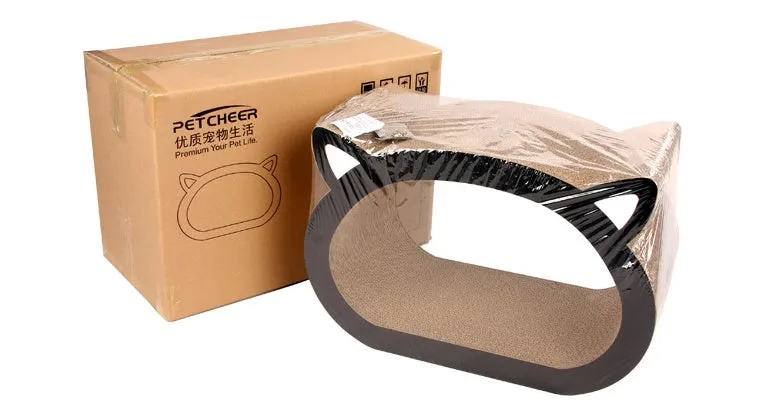 Cat head shaped cat scratch board made from BC corrugated paper, 48.1 by 32 by 23 cm