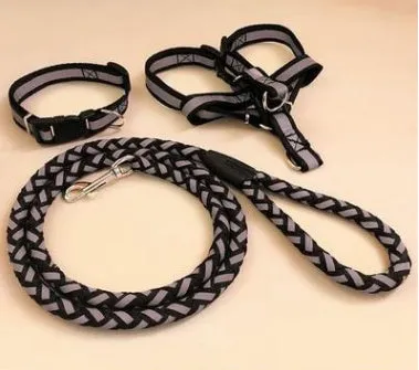 Adjustable nylon pet dog leash harness set with 120cm rope, black, for small to medium dogs