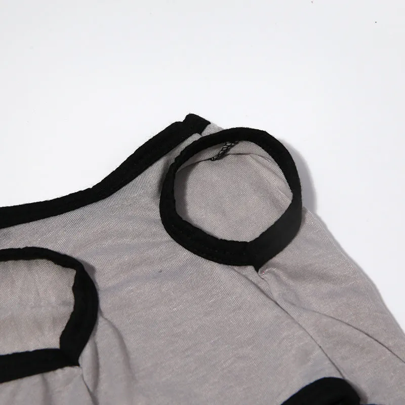 Grey dacron pet vest for dogs and cats, casual style, shown on a small pet with five size options from XS to XL