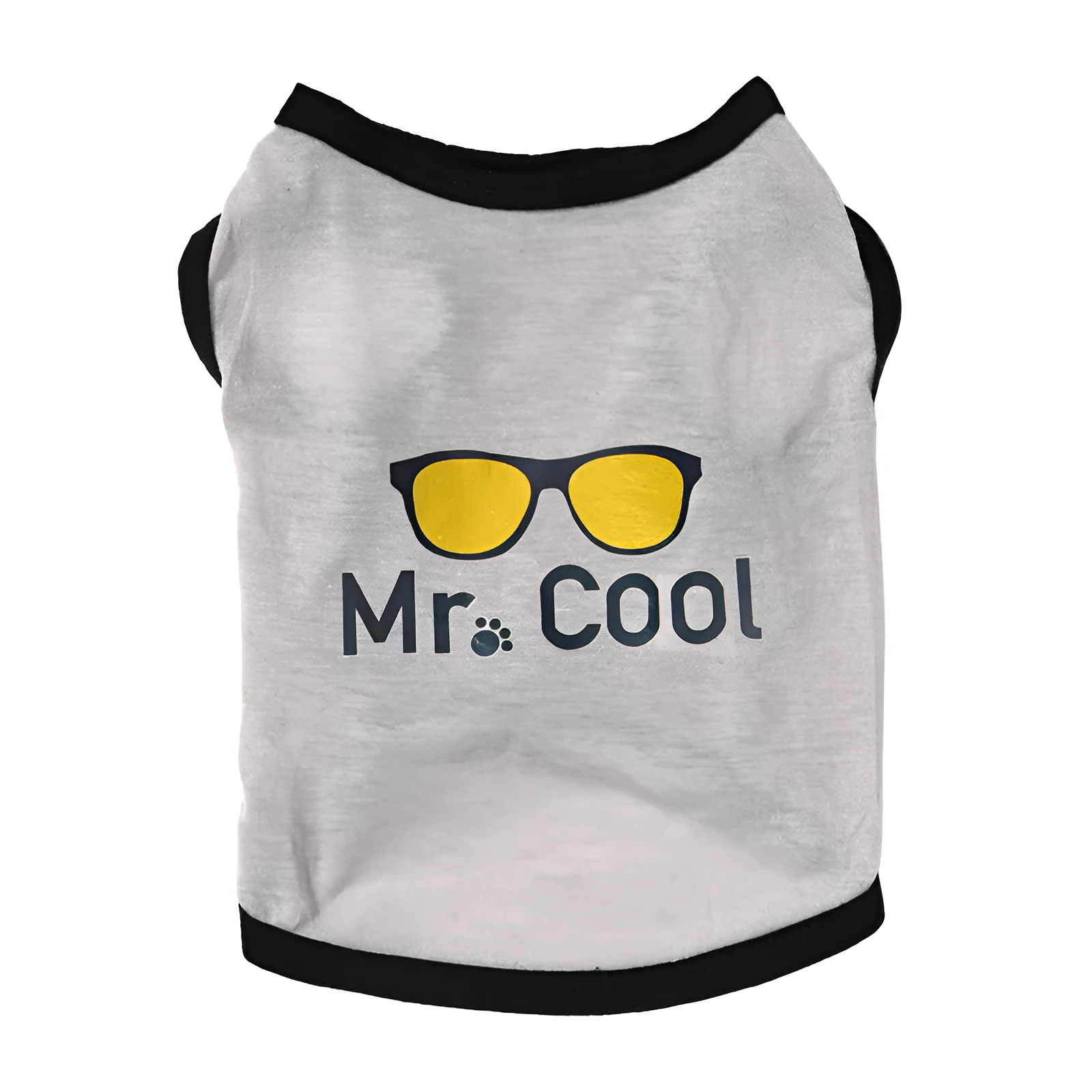 Grey dacron pet vest for dogs and cats, casual style, shown on a small pet with five size options from XS to XL
