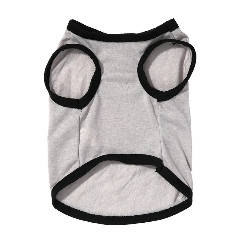 Grey dacron pet vest for dogs and cats, casual style, shown on a small pet with five size options from XS to XL