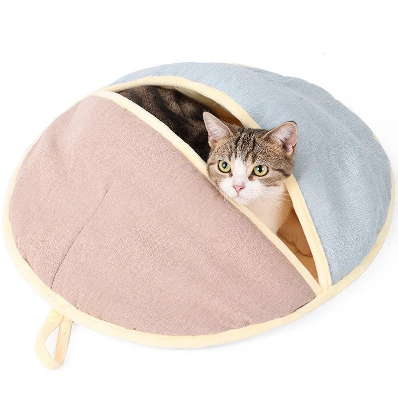 Round fan cotton and linen semi-enclosed pet nest for cats and small dogs, 55x60cm, in green