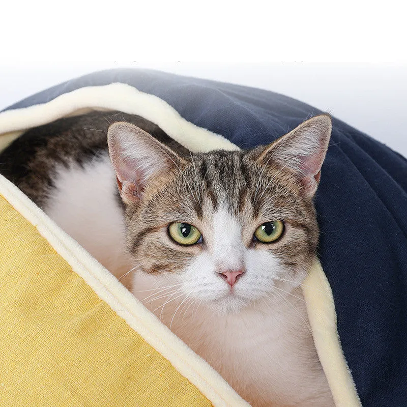 Round fan cotton and linen semi-enclosed pet nest for cats and small dogs, 55x60cm, in green