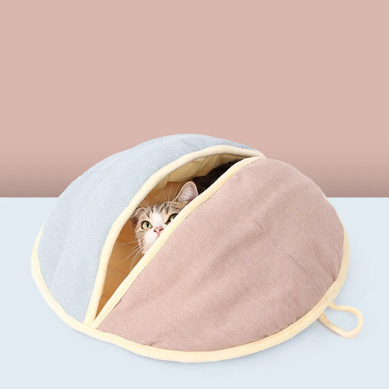 Round fan cotton and linen semi-enclosed pet nest for cats and small dogs, 55x60cm, in green
