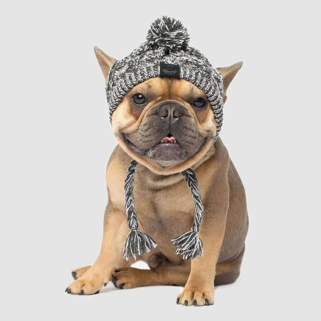 Grey winter fashion dog hat with fluffy polar pom, braided knit acrylic fabric, and ear slits on a dog