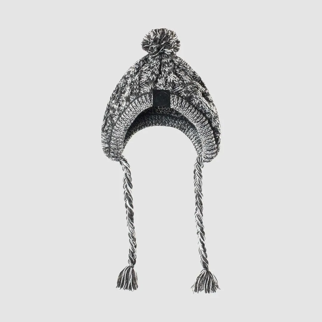 Grey winter fashion dog hat with fluffy polar pom, braided knit acrylic fabric, and ear slits on a dog