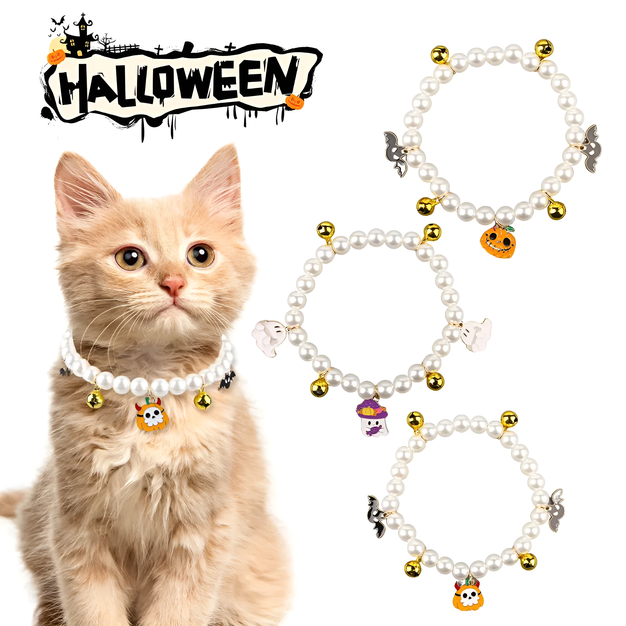 Halloween pet collar with simulated pearls and a purple ghost pumpkin charm around a cat's neck.