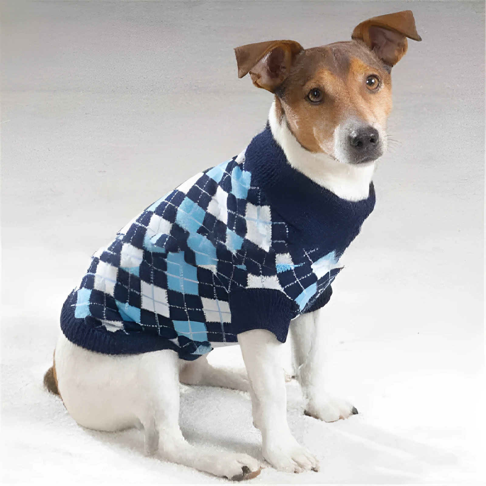 Blue and pink acrylic knit dog sweaters shown on white background, six sizes XS-XXL available