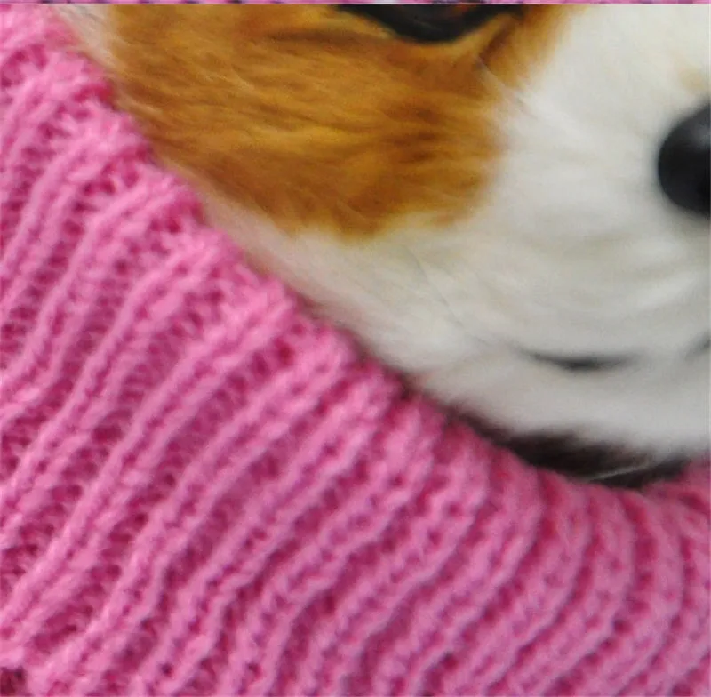 Blue and pink acrylic knit dog sweaters shown on white background, six sizes XS-XXL available