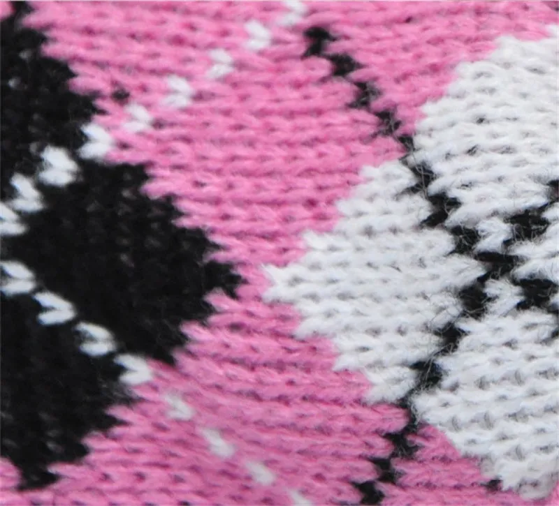 Blue and pink acrylic knit dog sweaters shown on white background, six sizes XS-XXL available
