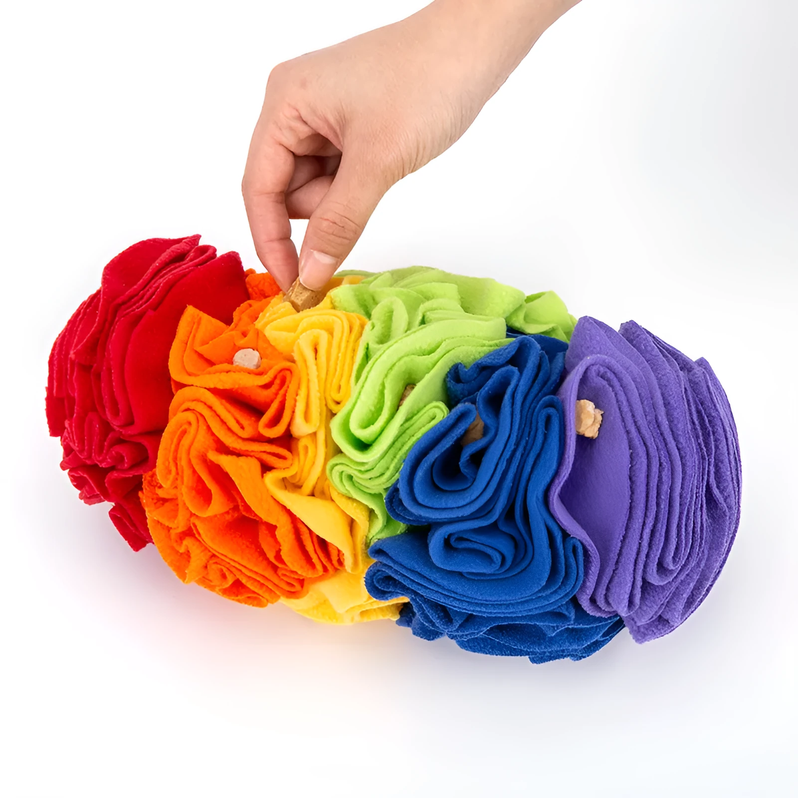 Dog snuffle pad made of polar fleece fabric in rainbow colour, 25x15cm, lying flat on floor