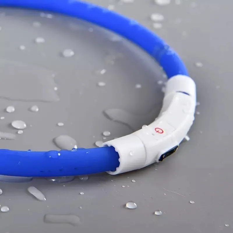 Blue LED pet light collar with cuttable silicone strip and USB charging cable, 50cm length