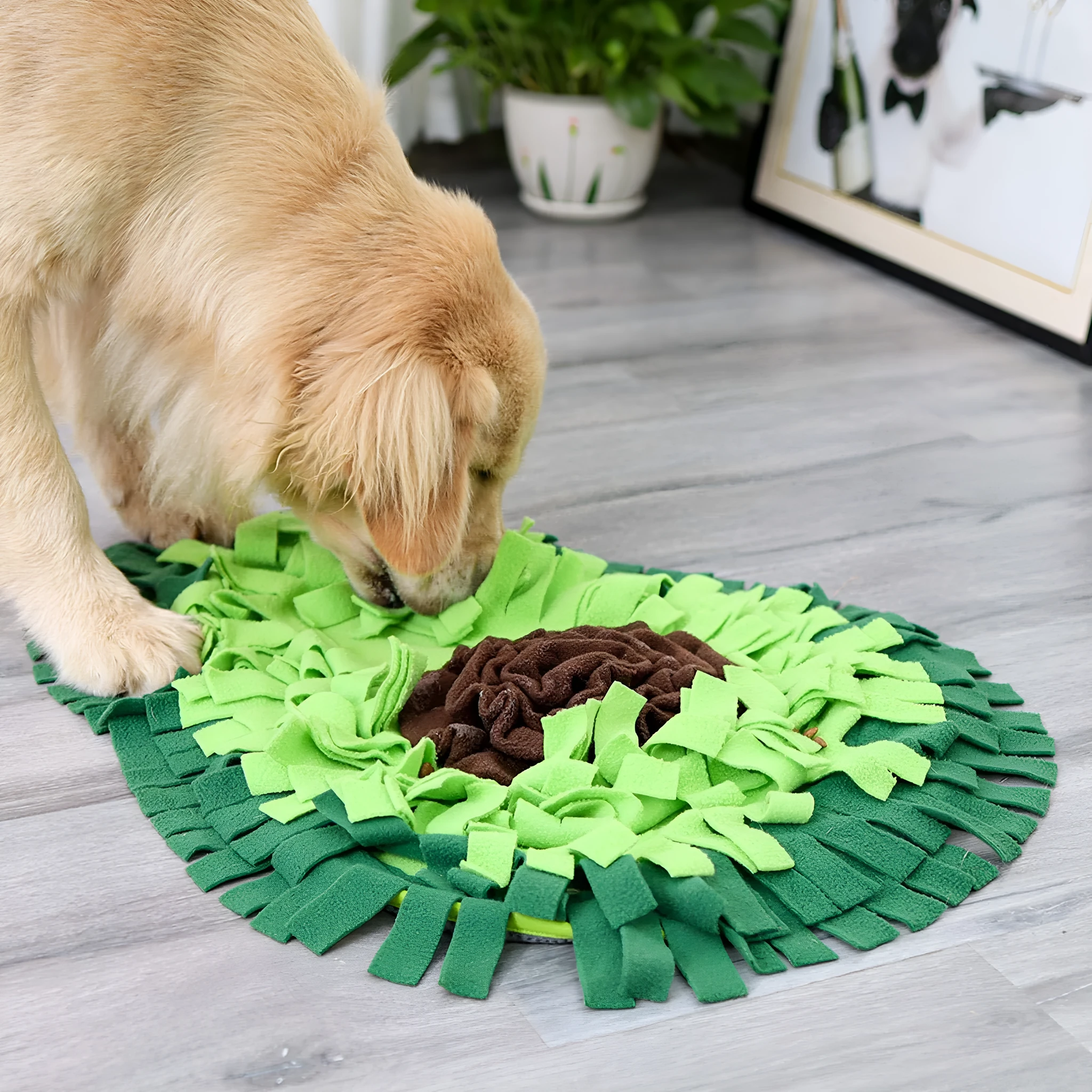 Green dog sniffing mat with fleece folds on non-slip base, 69x53cm