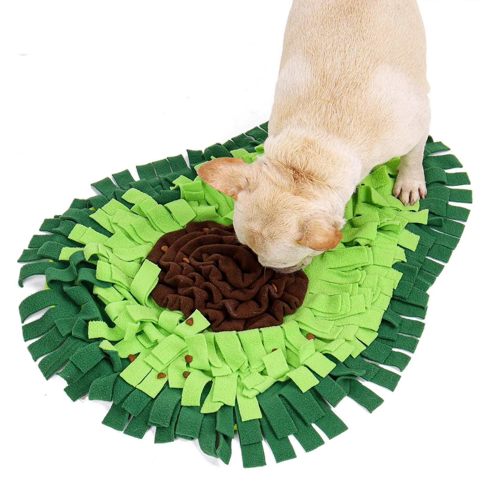 Green dog sniffing mat with fleece folds on non-slip base, 69x53cm