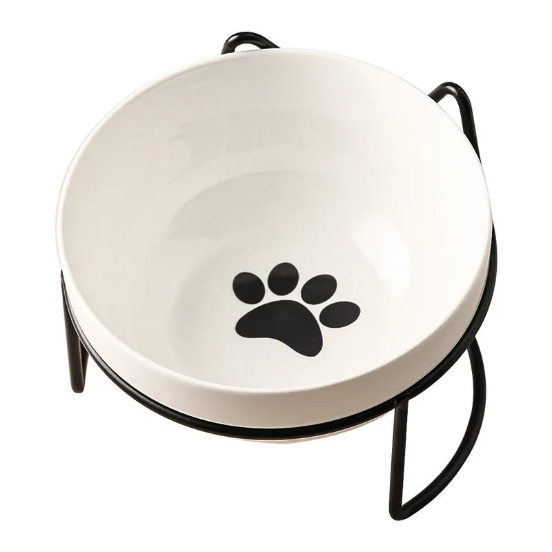 Ceramic cat bowl with iron frame stand in cat footprints pattern